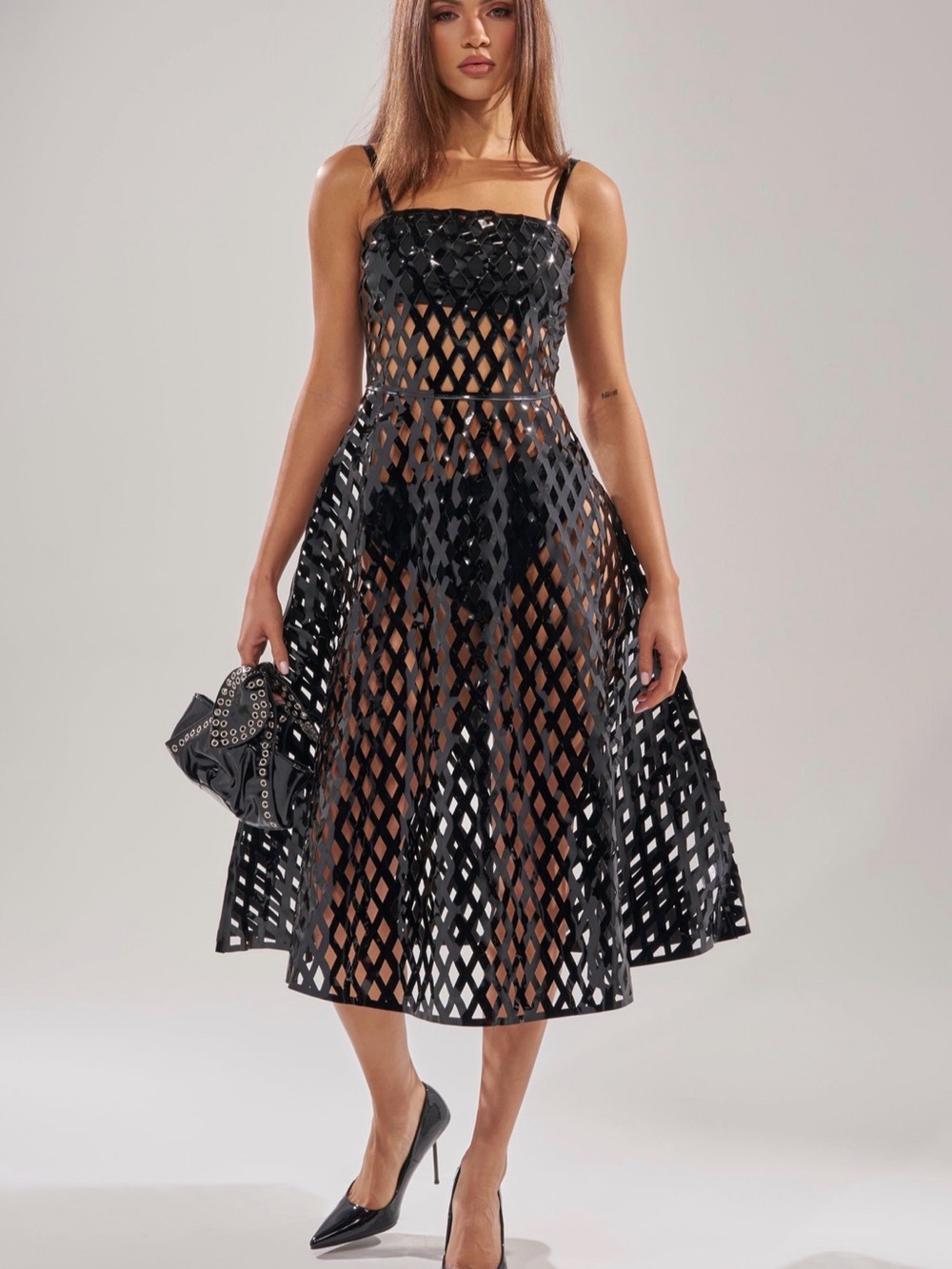 AKIRA Black Lattice Midi Dress with Strappy Bodice